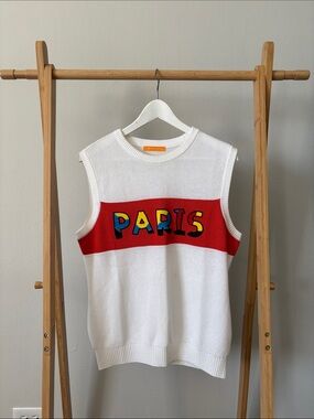 White Sleeveless Paris Knit Sweater Vest with Red Accent